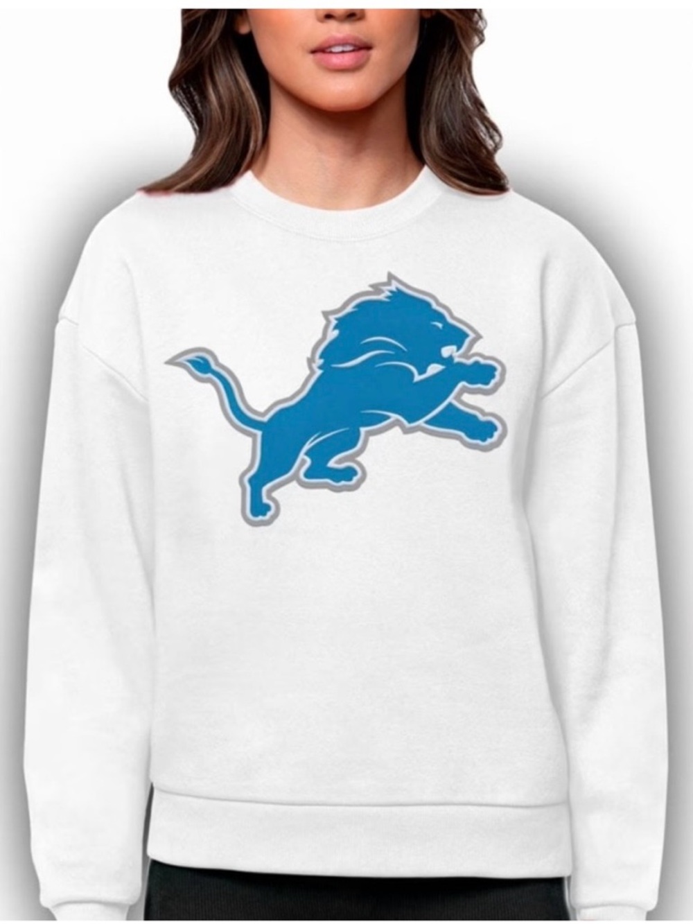 Antigua White Sweatshirt with Blue Detroit Lions Logo - Picture 4 of 4